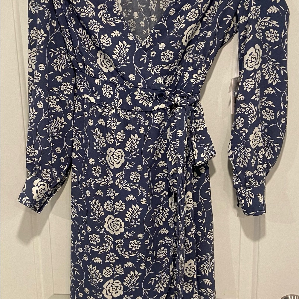 LC Lauren Conrad Navy and White Floral Long Sleeve Wrap Dress